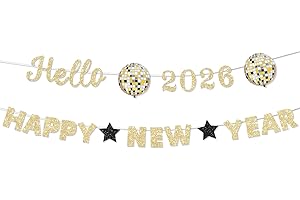 FHGG Pre Strung Glitter Hello 2026 Happy New Year Banner Decorations Gold New Years Eve Banner Sign Party Supplies 2026 Happy New Year for Party Supplies 2026 Home Holiday Decorations NO DIY