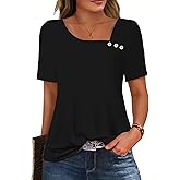Soesdemo Short Sleeve Shirts for Women Asymmetrical Square Neck with Button Tops Casual Flowy Lightweight Summer Blouses