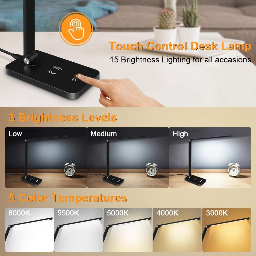 LED Desk Lamp, Desk lamp with Wireless Charger, USB Charging Port, Eye-Caring Desk Lamps for Home Office, 5 Lighting Modes and 3 Brightness Levels, Touch Table Lamp for Study, Work, Reading Light - - 