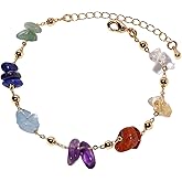 Xfoxstal 7 Chakra Reiki Gemstones Plated 14k Gold Chain Bracelets for Women Meditation Colorful Crystal Chips Beaded Bracelets (6″-8″)