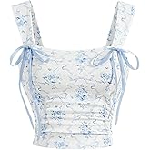 MakeMeChic Women's Floral Bow Wide Strap Cami Top Ruched Sleeveless Tank Crop Tops
