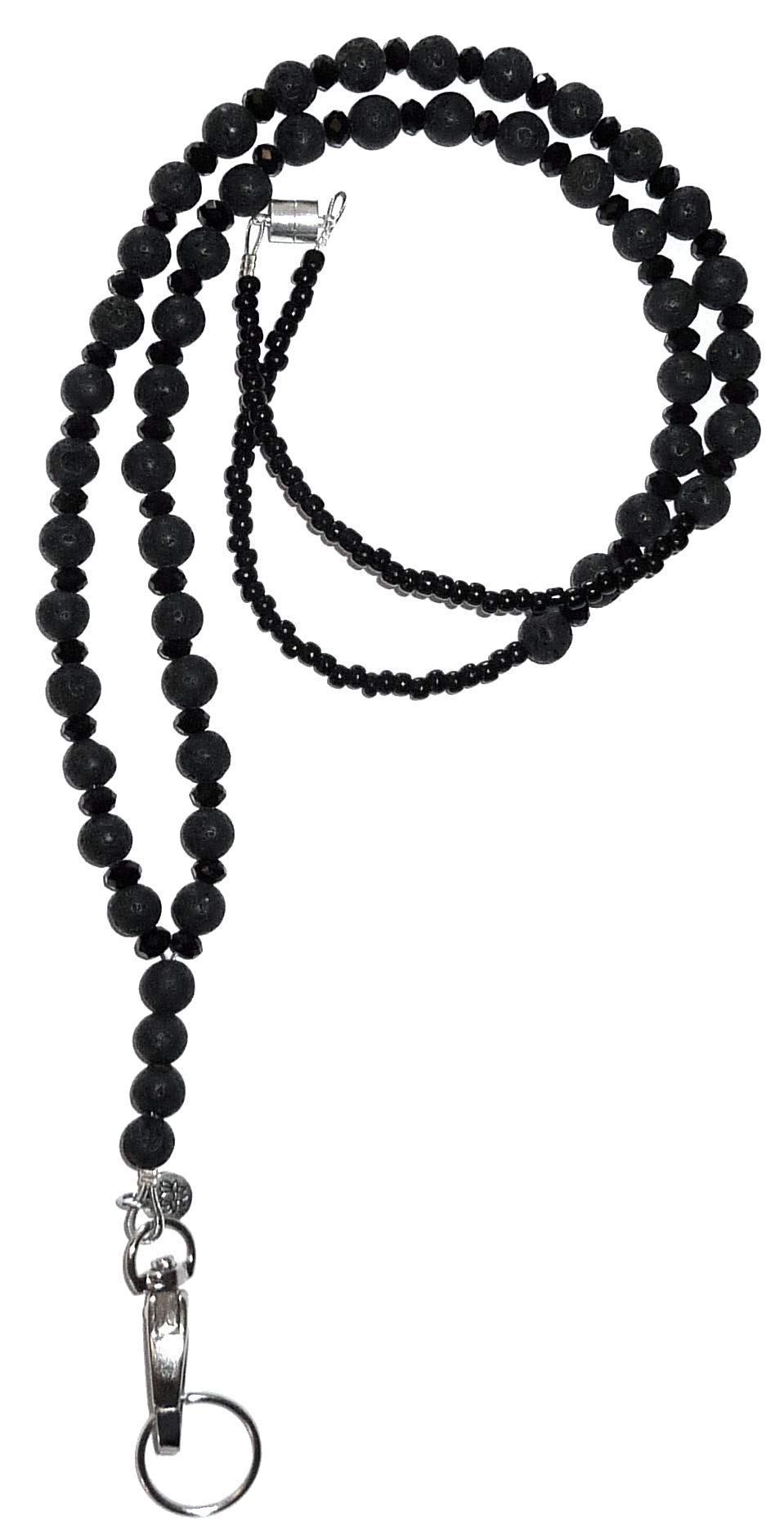 Beaded Essential Oils Diffuser Black Lava Fashion Women's Lanyard, Strong 34" Will Hold Badge and Keys. Use for Aromatherapy. (Black Lava - Magnetic Breakaway)