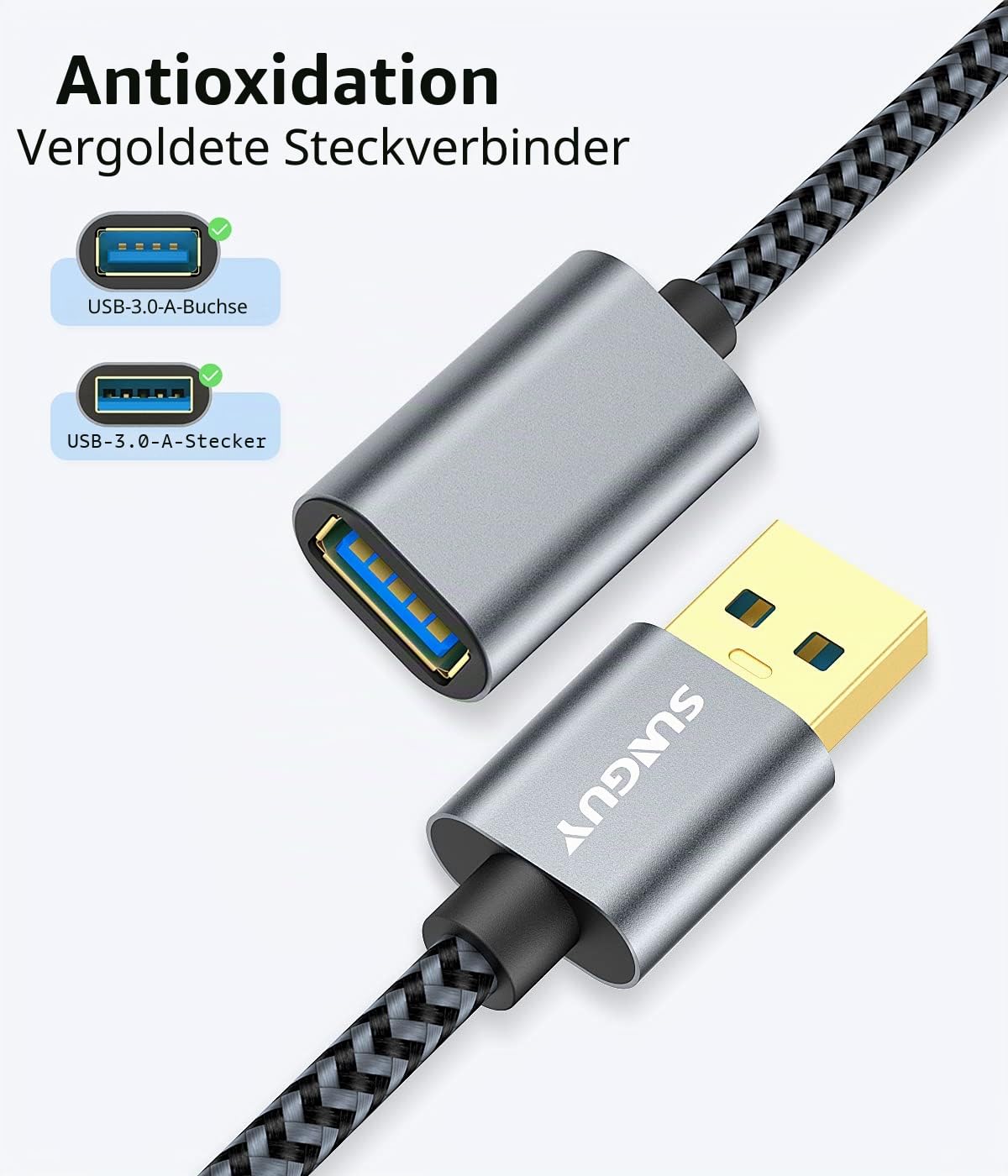 SUNGUY USB 3.0 Verlängerung Kabel，Verlängerungskabel 5Gbps Superschnelle USB A Stecker auf A Buchse Verlängerung für Kartenlesegerät,Tastatur, Drucker, Scanner, Kamera[0.3m-Grau-1Stück] 2