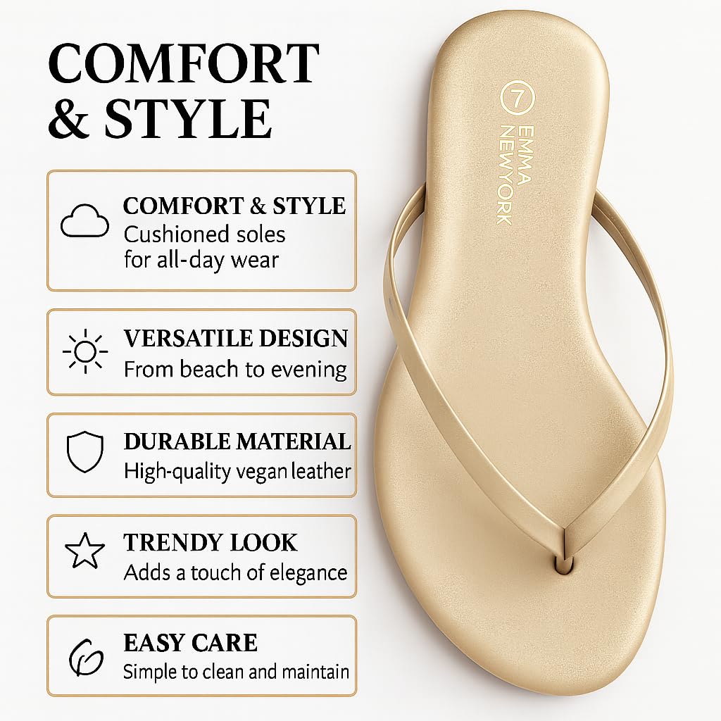 EMMA NEW YORK Summer Sandals Flip Flops for Women Vegan Leather Thong Trendy 2025 Dressy Cute Silver