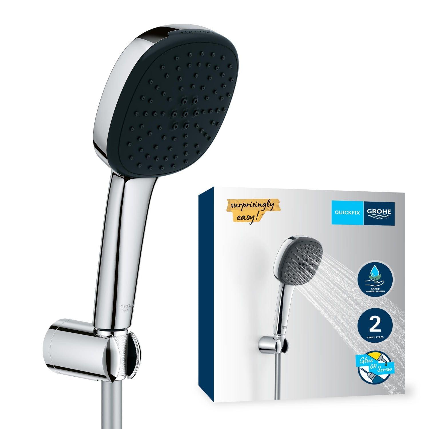 GROHE Vitalio Comfort 110 - Shower Set (Square 11cm Hand Shower, 2 Sprays: Rain & Jet, Anti-Limescale System, Hose 1.75m, Wall Holder, Water Saving), Easy to Fit with GROHE QuickGlue, Chrome, 26399001