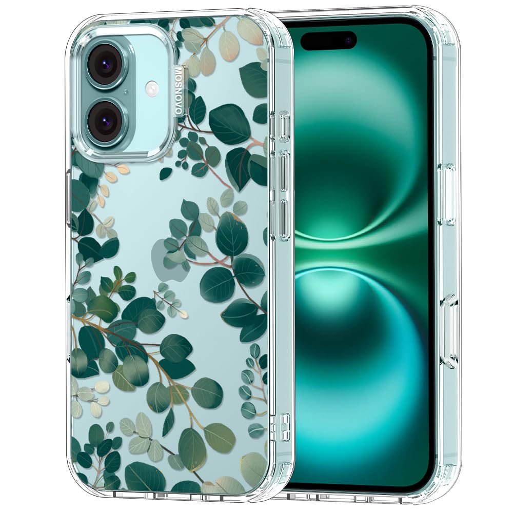 MOSNOVO Case for iPhone 16 Plus, [Buffertech 6.6ft Military-Grade Drop Protection] [Anti Peel Off Tech] Clear TPU Bumper Phone Case Cover Design - Eucalyptus