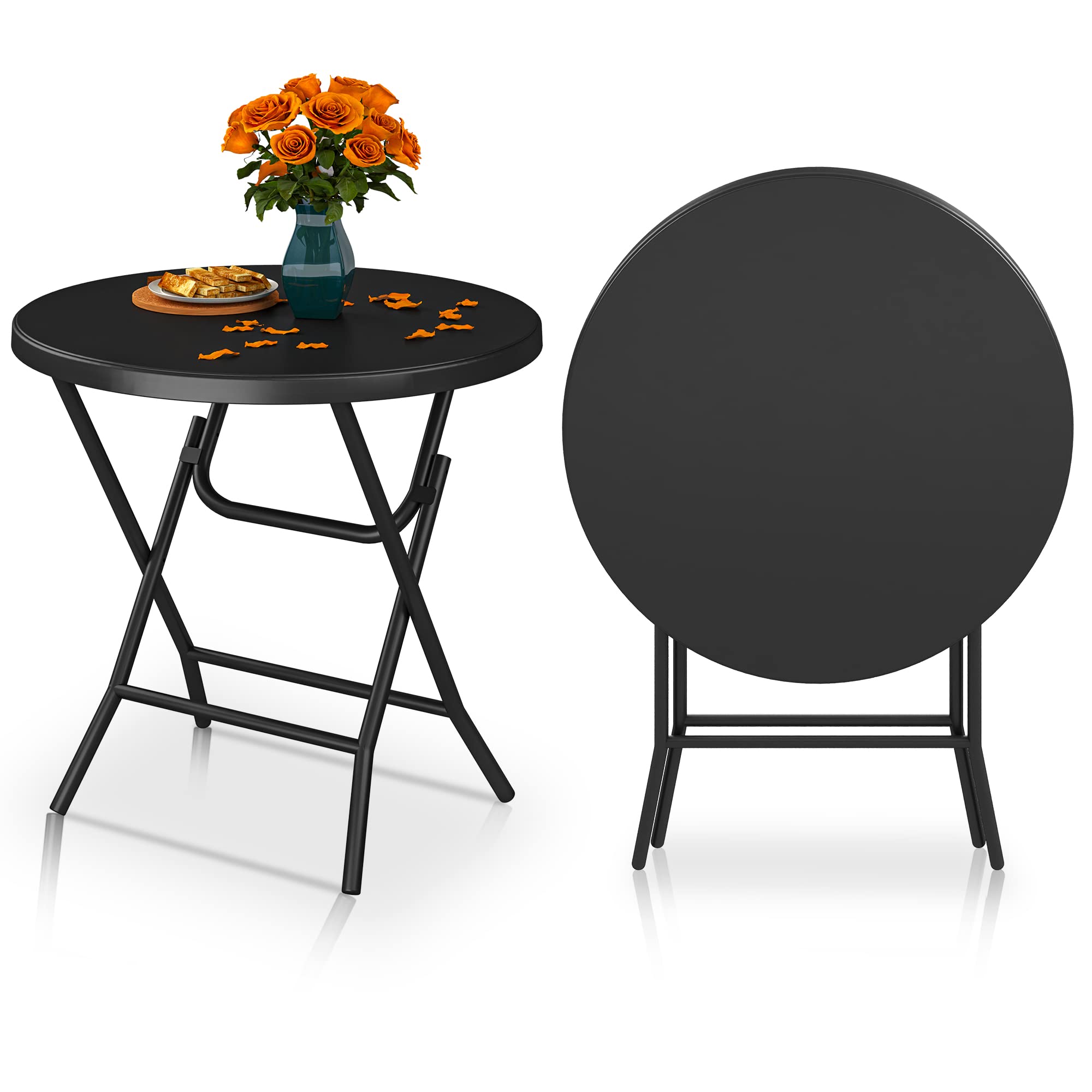 YITAHOME 80cm Gartentisch, Runder Klapptisch, Balkontisch Klappbar, Campingtisch Wetterfest für Outdoor Party Strand BBQ, mit Rostfreie Metallrahmen, 80 x 80 x 74cm, Schwarz