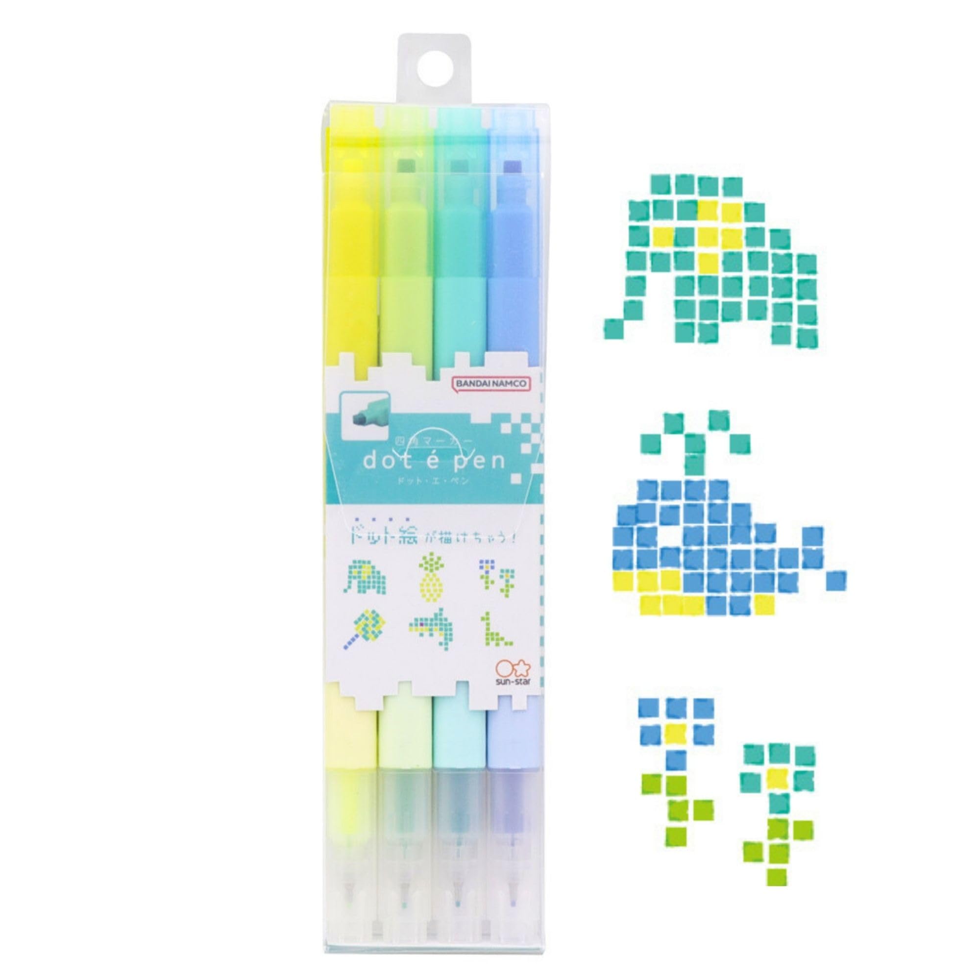 SUN-STAR "DotEPen, Double Sided Water- Based marker Pen, Square Dot and Fine- Point Pen for Art, Coloring, Illustrating, Set of 4,B Collection (Fluorescent Yellow, Fluorescent Green, Mint, Blue)