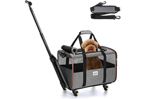 Lekesky Cat Dog Carrier with Wheels Airline Approved Rolling Pet Carrier with Telescopic Handle and Shoulder Strap, Grey