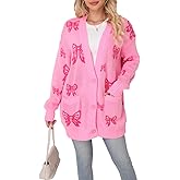 pasidvy Women's Long Sleeve V Neck Bow Jacquard Knit Sweater 2025 Open Front Cardigan Button Loose Outerwear