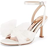 Coutgo Womens Lace Bow Heels Sandals Open Square Toe Stiletto High Heel Ankle Strap Bride Wedding Dress Shoes