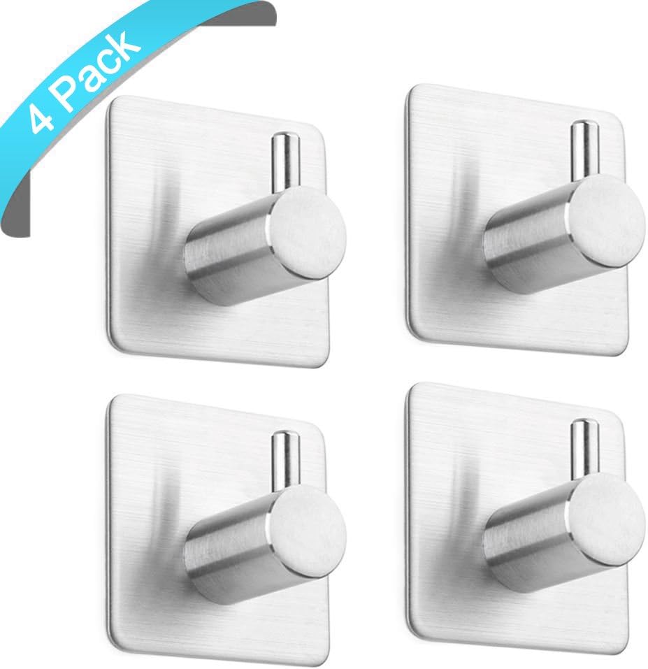 4 Pack of Self Adhesive Hooks, Max 8kg Towel Rail, Hat Towel Robe Coat Stick-up Stainless Steel Hanger for Kitchen Bathrooms Lavatory Closets, Water and Rust Proof