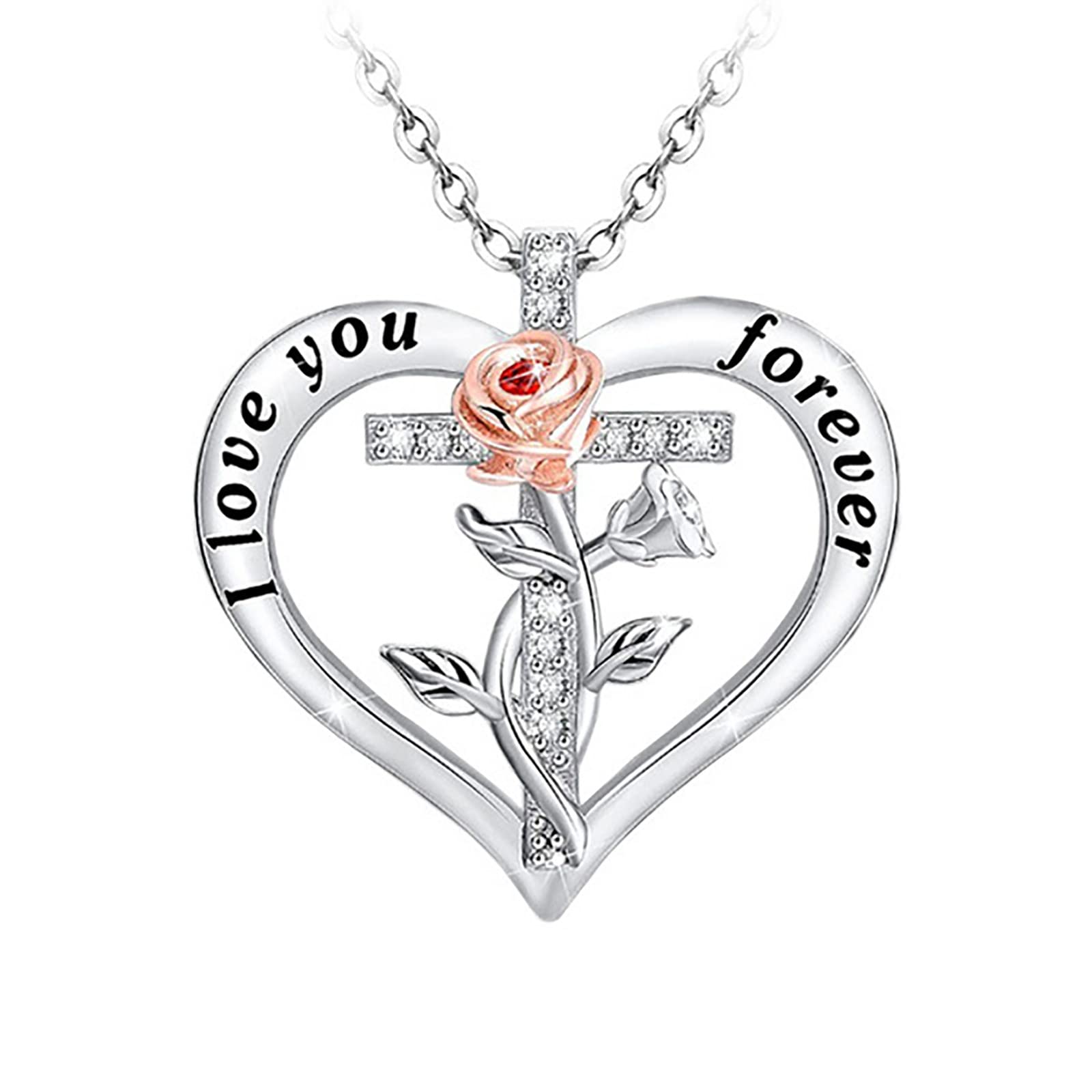 Butterfly Elephant Pendant Necklace Crystal Rose Flower Cross Necklace Chain Jewelry for Women Girls Teens (Rose)
