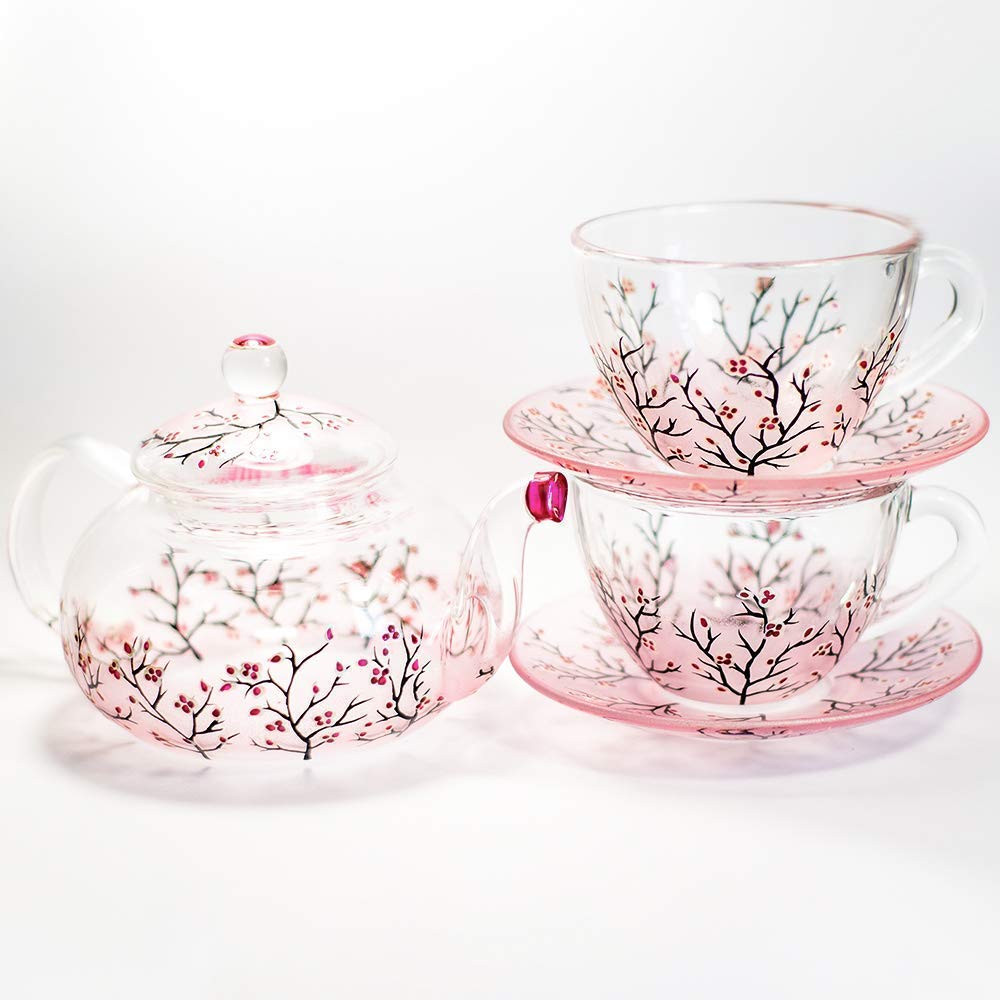 Amazon Com Cherry Blossom Teapot With Cups And Saucers Elegant