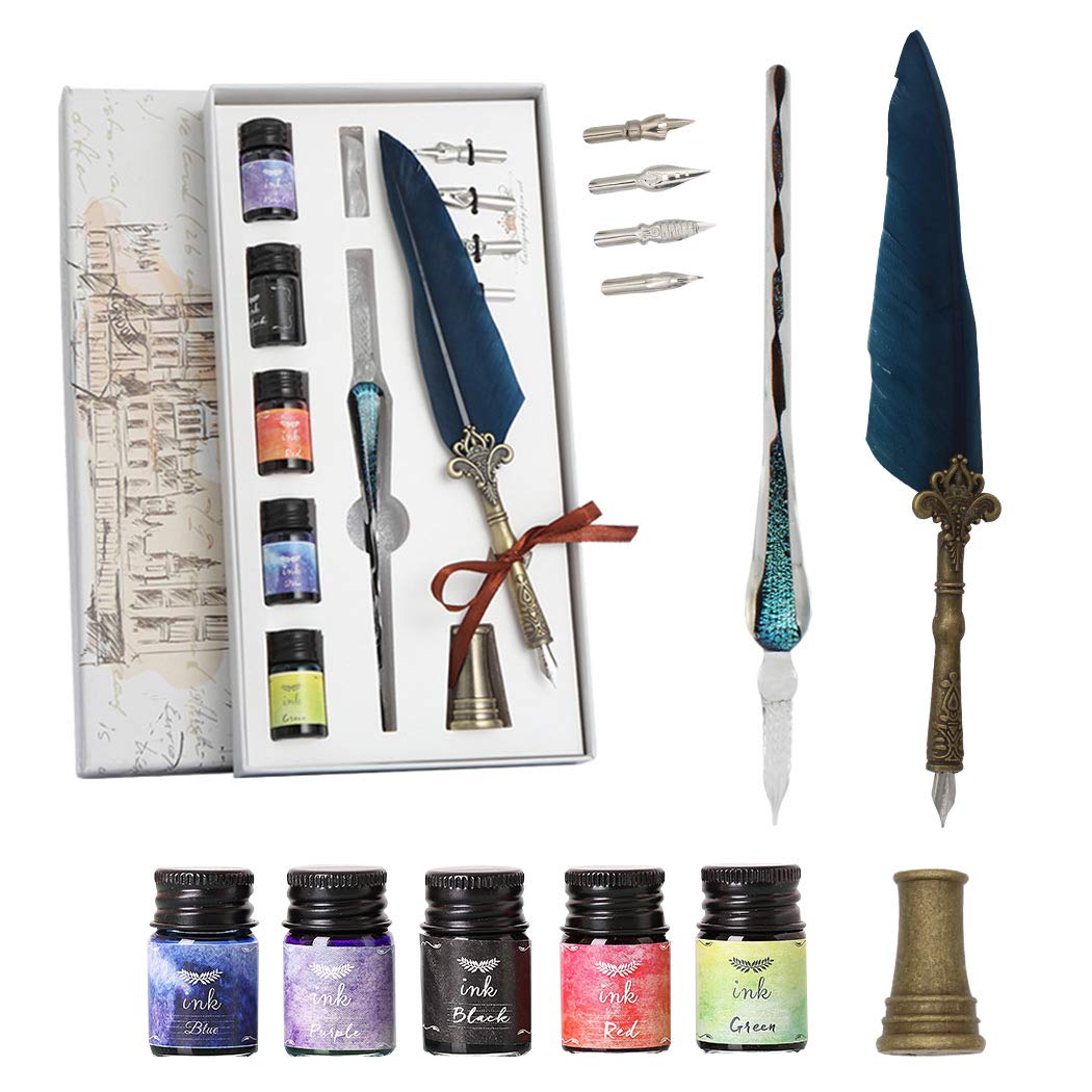 SIPLIV Calligraphy Feather Pen Glass Dip Pen Set With Feather Dip Pen, Glass Pen, 5 Colors Ink, 4 Replacement Nibs, Pen Rest, Metal Pen Holder, Dark Blue