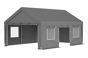 Jaxilyn Carport 13x20ft Portable Garage Car Canopy Heavy Duty Car Port with Mesh Windows and Removable Sidewalls UV Resistant Waterproof All-Season Tarp for SUV,Boat,Car, Truck Gray