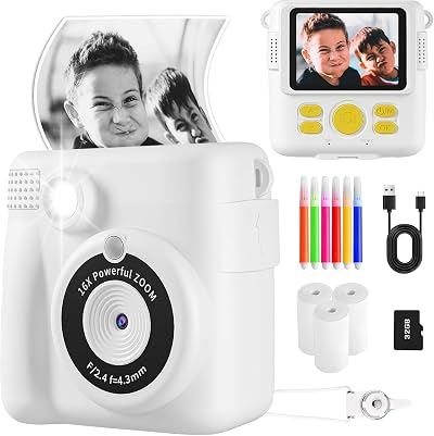 YKSLEMON Instant Print Camera for Kids 1080P 32G Card 3 Rolls Paper White