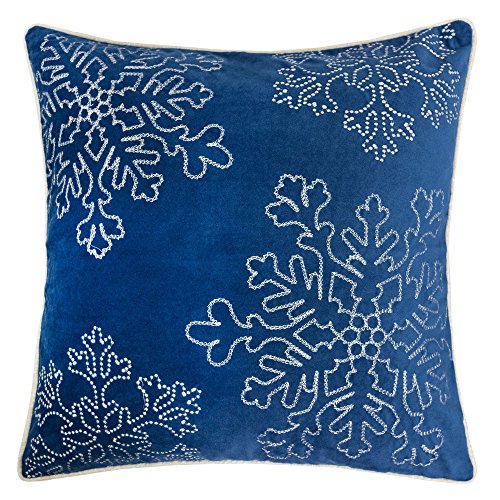 Homey Cozy Embroidery Blue Velvet Throw Pillow Cover, Merry Christmas Series Snowflake Luxury Soft Fuzzy Cozy Warm Slik Gift Square Couch Cushion Pillow Case 20 x 20 Inch, Cover Only