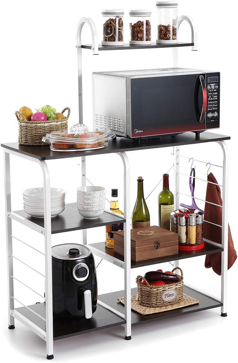VANSPACE Indusrial Kitchen Baker's Rack Utility Storage Shelf Microwave Stand 4-Tier + 3-Tier Kitchen Storage Cart Table for Spice Rack Organizer Workstation with 5 Hooks - 35.5" Black Walnut - Standing Baker's Racks