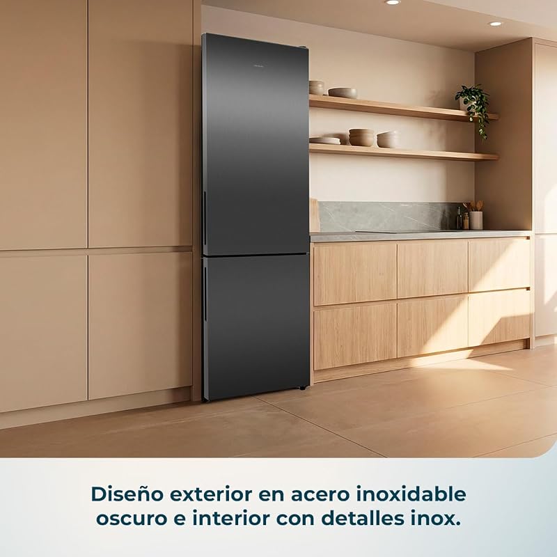 Frigorífico Combi Bolero CoolMarket Combi 356i Dark E. 200cm de Alto, 59,5 cm de Ancho, Clase E, Tecnología Multi Airflow, FreshnessFlex y HumidityFlex HUB, Dark Inox