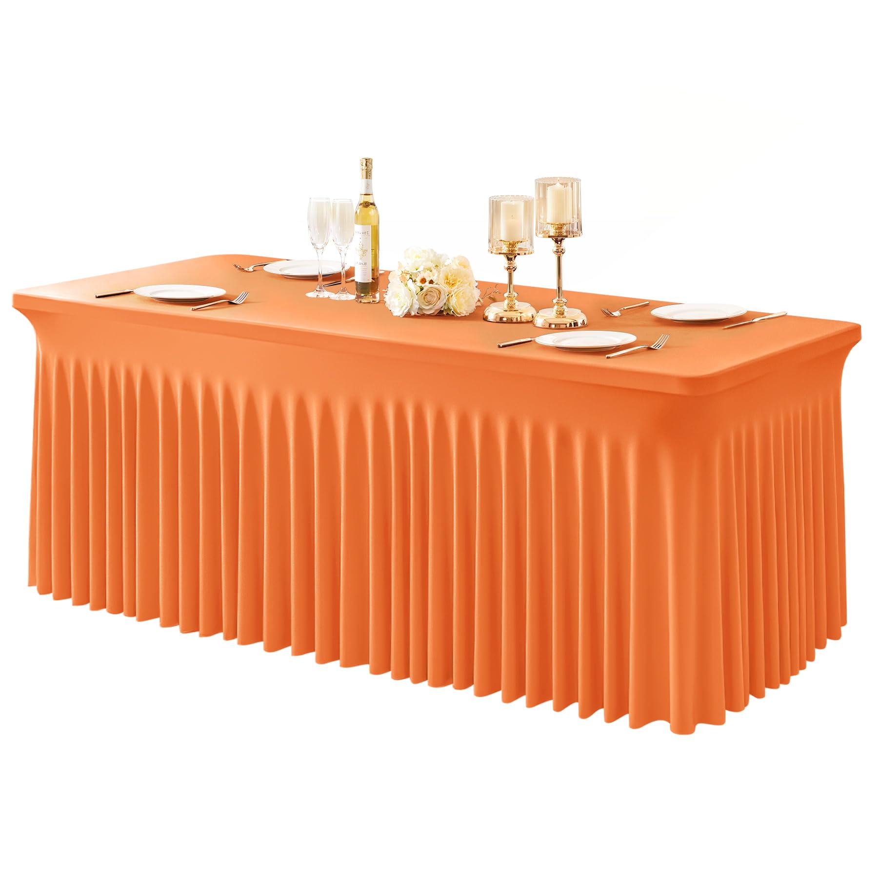 Photo 1 of 1 Pack Orange Table Clothes for 4 Foot Rectangle Tables, One-Piece Wrinkle Resistant Stretch Spandex Table Covers with Skirt for Event Banquet Wedding Birthday Party