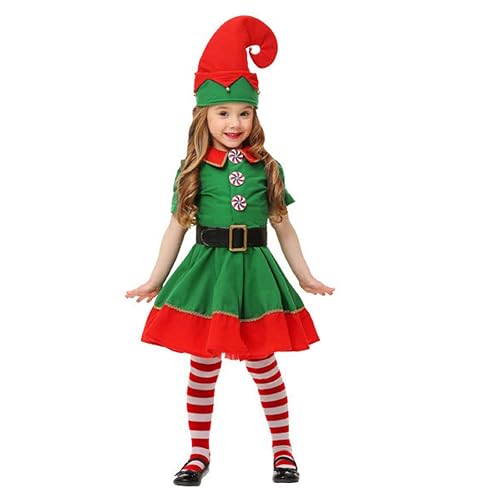 Girls Kids Elf Santa's Little Helper Christmas Fancy Dress Party Costume Cosplay Christmas Costume 4PC Holiday Outfits Funny Fancy Elves Costumes for Kids Hat + Dress + Stockings + Belt