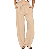 FireSwan Womens Palazzo Pants Casual Drawstring Flowy Pants Wide Leg Summer Beach Linen Trousers with Pockets