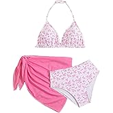 QJQ Girl's 3 Piece Cute Bikni Sets Disty Floral Halter Triangle High Waisted with Cover Up Skirts Summer Swimwear 2026