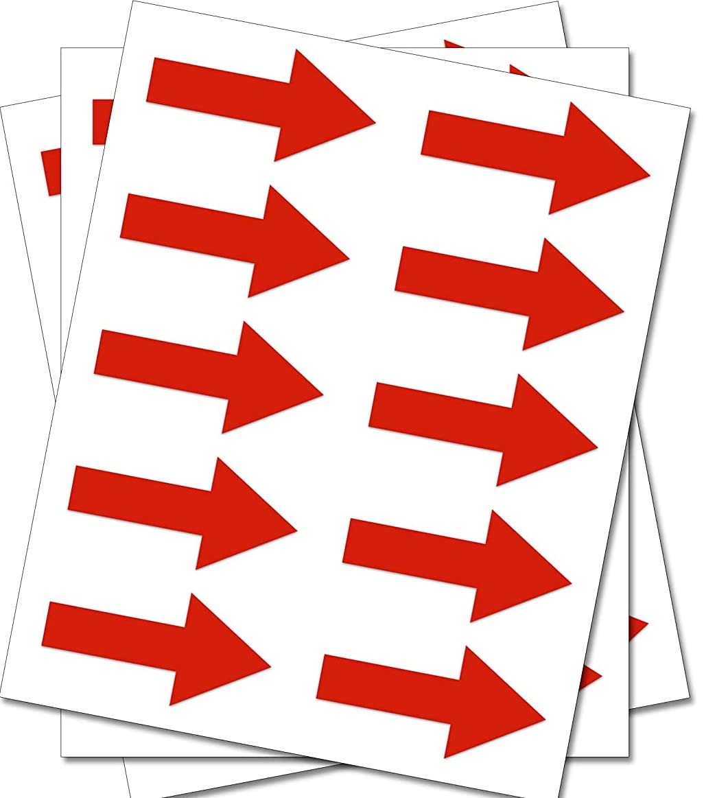50 Red Arrows - Removable Self Adhesive Waterproof Durable Vinyl Stickers - Digitally Cut to The Sticker Shape - Size 40mm x 20mm