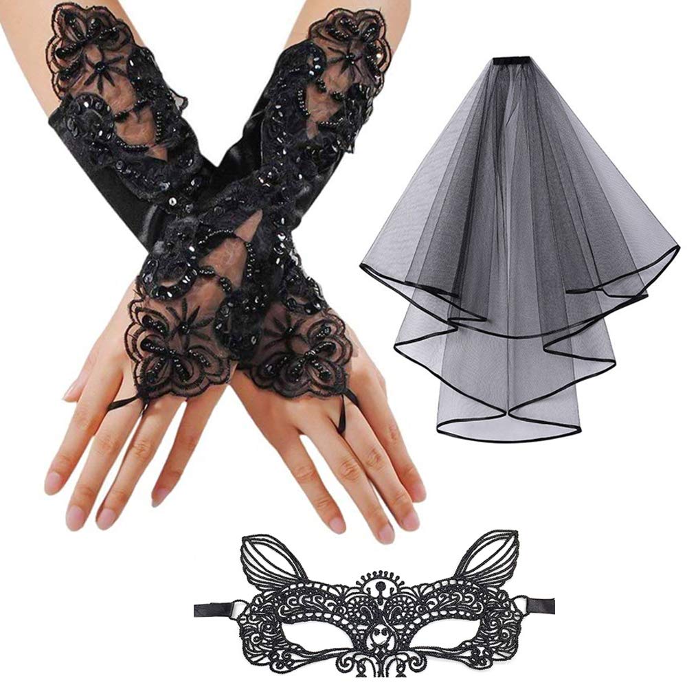 Lifreer Day of the Dead Halloween Costume Set include 1Pair Long Finger Loop Gloves, Black Veil, Lace Mask for Halloween, Bridal Wedding, Party, Celebration