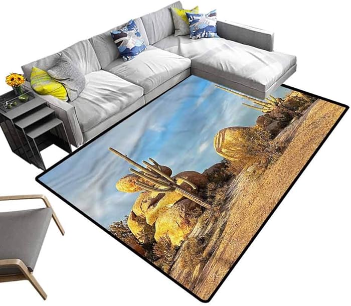 Saguaro, Faux Area Rug Cactuses Boulders Under Sun Modern Area Rug Pad Suitable for Children Bedroom, 6.5'x 10'