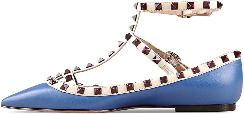 Aibarbie Women's Spikes Studded Pumps T-Strap Flat Pointy Toe Trends Shoes