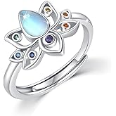 MOPOPOK Moonstone Lotus Ring for women S925 Sterling Silver Lotus Flower Chakra Ring Yoga Adjustable Protecting Jewelry Gifts for Birthday Christmas #7# 8# 9