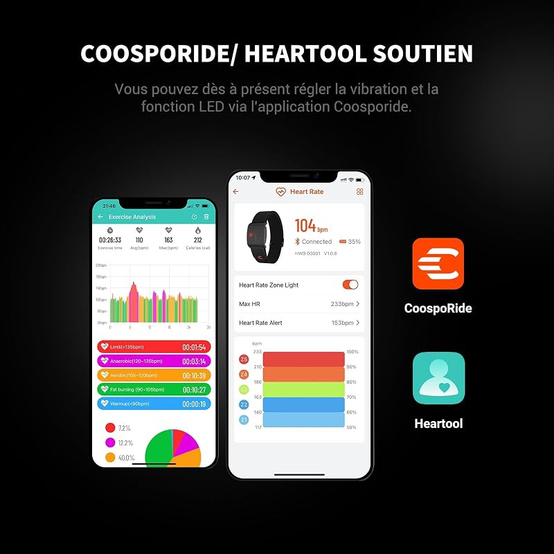 HW9 Cardiofréquencemètre Bracelet Bluetooth 5.0 Ant+ avec HRV, Smart LED Fréquence Cardiaque Brassard IP67 Étanche Compatible avec Wahoo Zwift Strava adidas