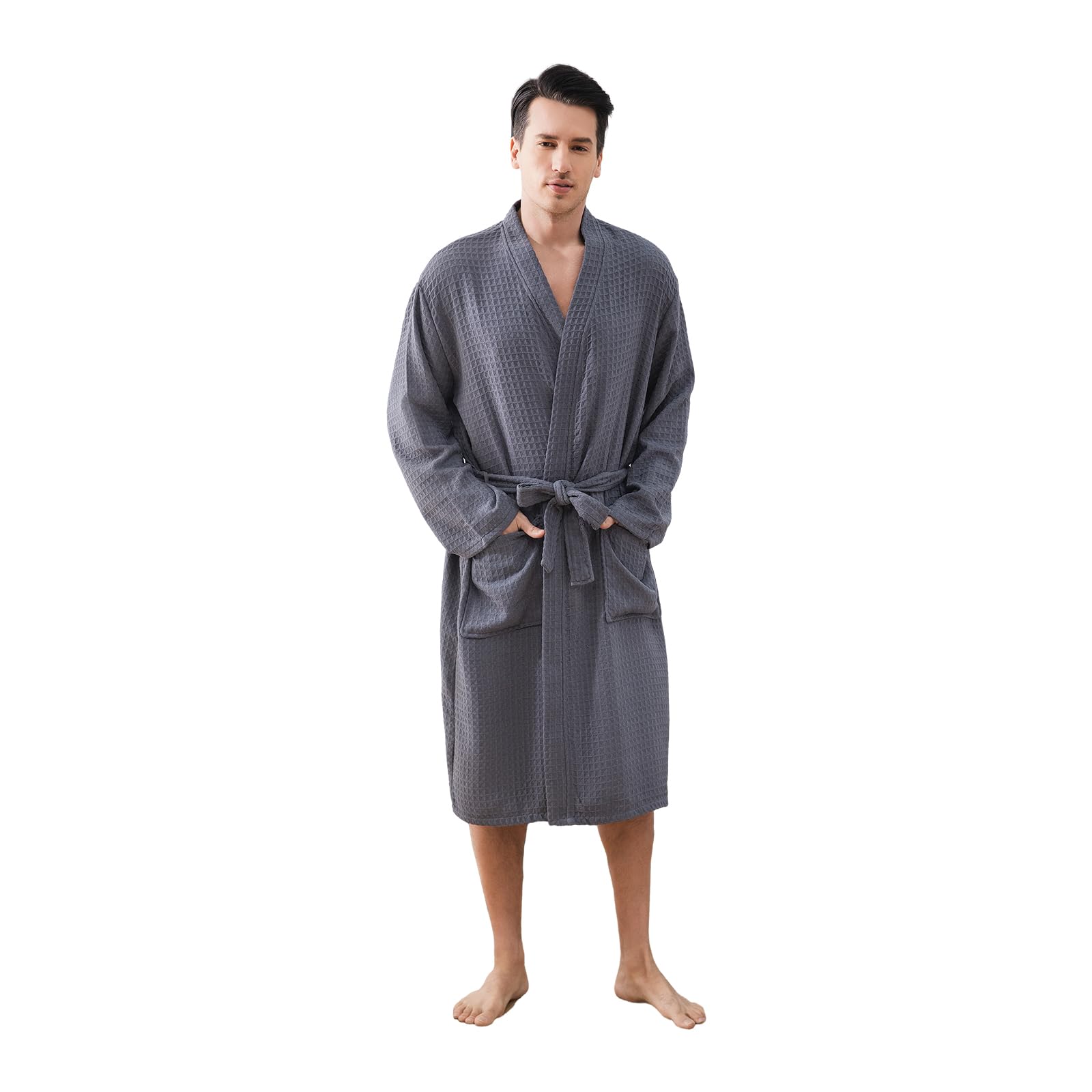 Photo 1 of FG FEAYIGUDIM Mens Robes Waffle Lightweight Spa Knit Shawl Hotel Bathrobe Summer Soft Knee Length Sleepwear