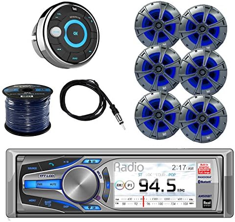 Dual Mechless AM/FM Bluetooth Receiver with Dual 2-Way Marine Speakers W/ Blue Accent Lighting 3-Pairs, Dual Waterproof Marine Wired Remote Control, Enrock 50' 16G Speaker Wire &amp; Enrock Marine Antenna