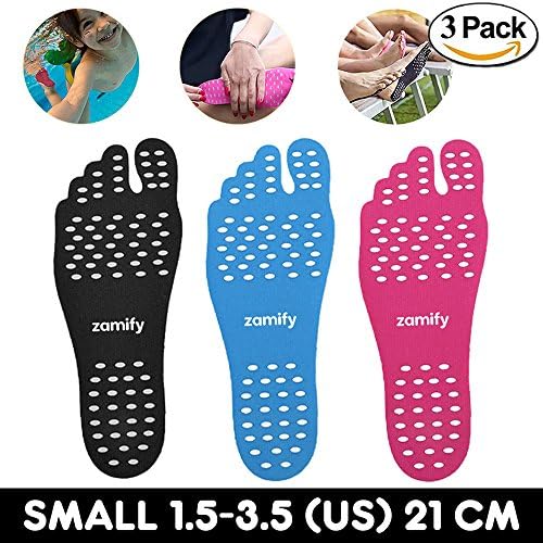 NEW Zamify Hypoallergenic Adhesive Stick On Feet Pad Nakefit Non-slip Invisible Waterproof Barefoot Protection for Beach Walking Running, Park Pool, Spa, Sauna Blue Pink Black - 3 Pairs Kids (Small)