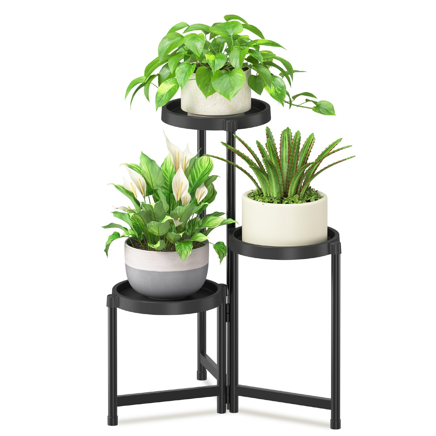 Photo 1 of iDavosic.ly 3 Tier Folding Plant Stand Indoor Outdoor with Plastic Tray, Tiered Corner Flower Holder Shelf, Metal Orchid Display Rack for Patio Porch Living Room Garden Balcony, Modern Black