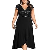 Ever-Pretty Plus Women's Summer V Neck A Line Sequin Cap Sleeves Tea Length Plus Size Formal Wedding Guest Dresses