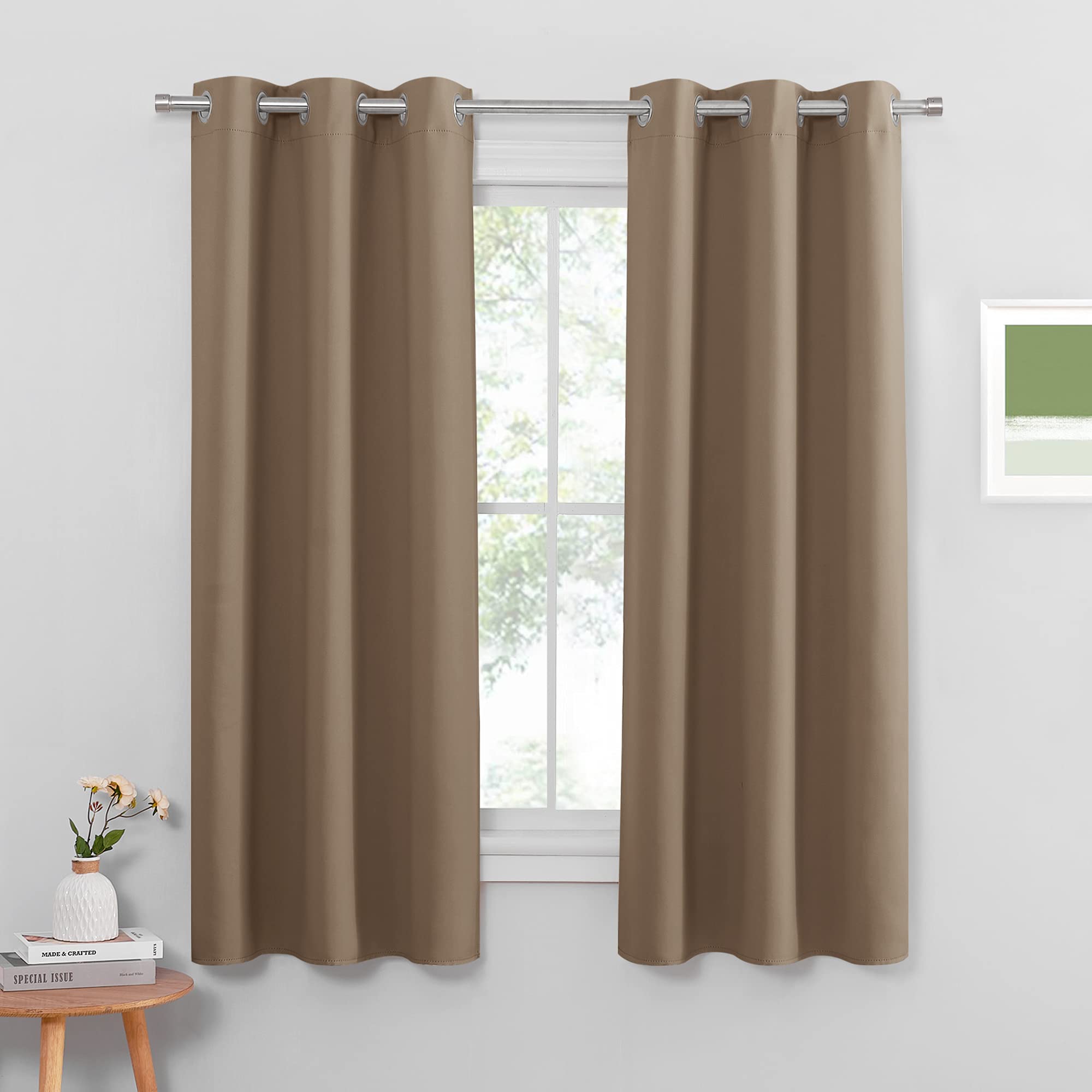 PONY DANCE Blackout Bedroom Curtains - Eyelet Thermal Insulated Light Blocking Curtains for Kitchen/Cafe Energy Saving Privacy Protection Drapes for Room Darken, 42 in Wide by 63 Drop, Mocha, 2 Panels — image 1