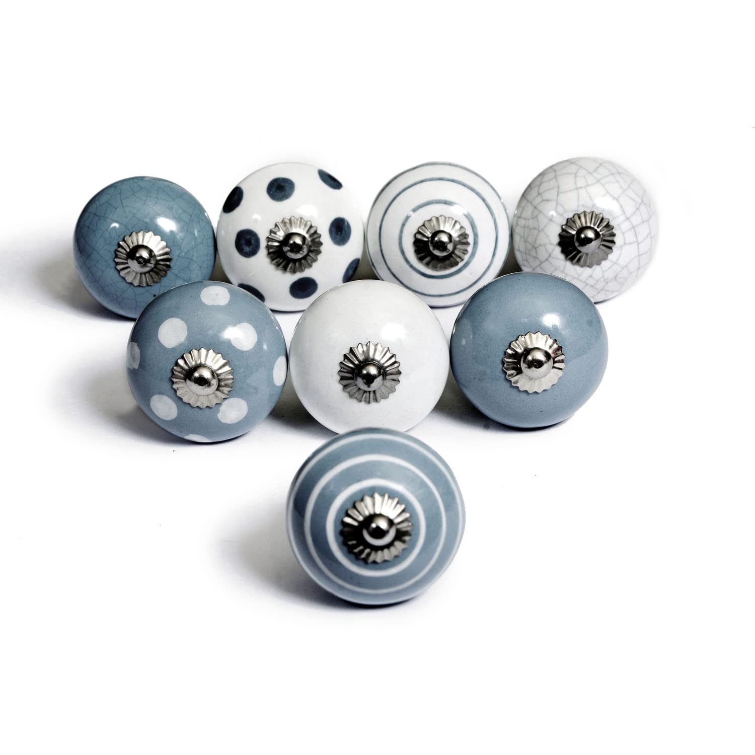 Nacnic Set of 8 Ceramic knobs in White and Grey, Hand Painted with Different Designs. Handcrafted Handles for cabinets, Drawers, Dressers and Hangers. Classic knobs of 40mm Diameter.