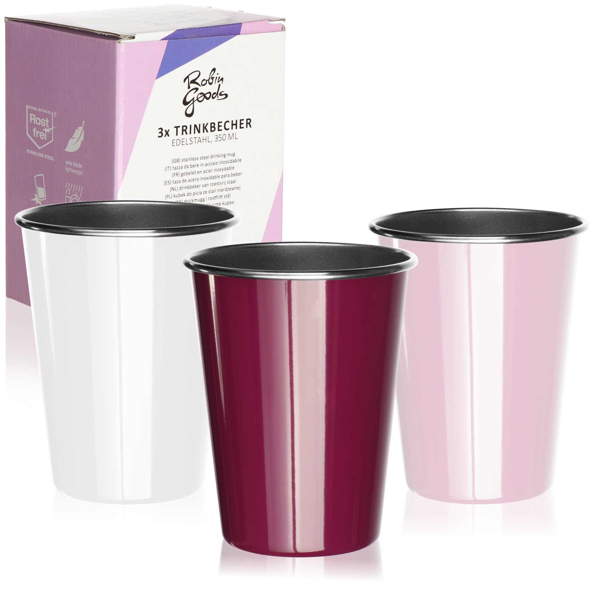 Robin Goods® 3X Stainless Steel Drinking Cups in White, Pink, Purple - Cups - Camping Cups - shatterproof and BPA-Free (03 Pieces - White/Pink/Purple)