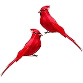 2pcs Red Cardinals Birds Decor Cover with Feather 5.5inch Clip on Artificial Bird Figurines for Crafts Decoration Christmas Tree Ornaments
