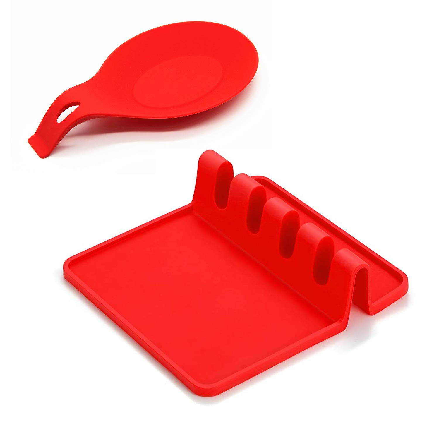 Silicone Utensil Rest with Drip Pad for Multiple Utensils, Large Spoon Holder Rest for Ladle, Spatula, Tongs, Fork - Set of 2 - Both in Red