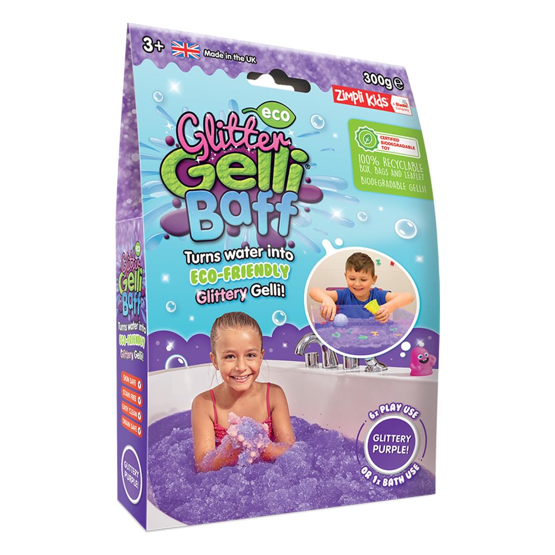 ZIMPLI - Eco Glitter Gelli Baff Purple, 1 Bath or 6 Play Uses, Magically turns water into thick, colourful goo, Recyclable Children's Bath Toy for Boys & Girls