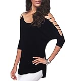iGENJUN Women's Casual Loose Hollowed Out Shoulder Three Quarter Sleeve Shirts