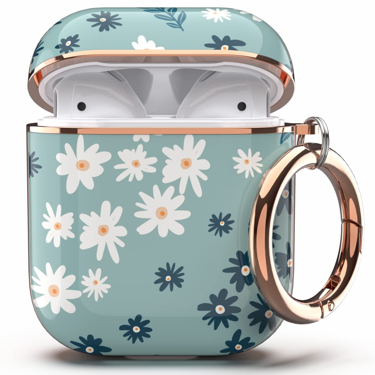 Photo 1 of TATOFY Case Cover for AirPods 1&2, Stylish AirPods Case for Women Girls, Flower Patterns Protective Hard Case with Clip (Cyan)