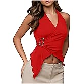Milumia Women's Tie Backles Halter Top Y2k Asymmetrical Wrap Going Out Tops Clubbing Party