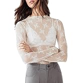 KTILG Womens Mesh Long Sleeve Top Sheer Blouse Sexy See Through Tee Shirt Lace Tops S-XXL