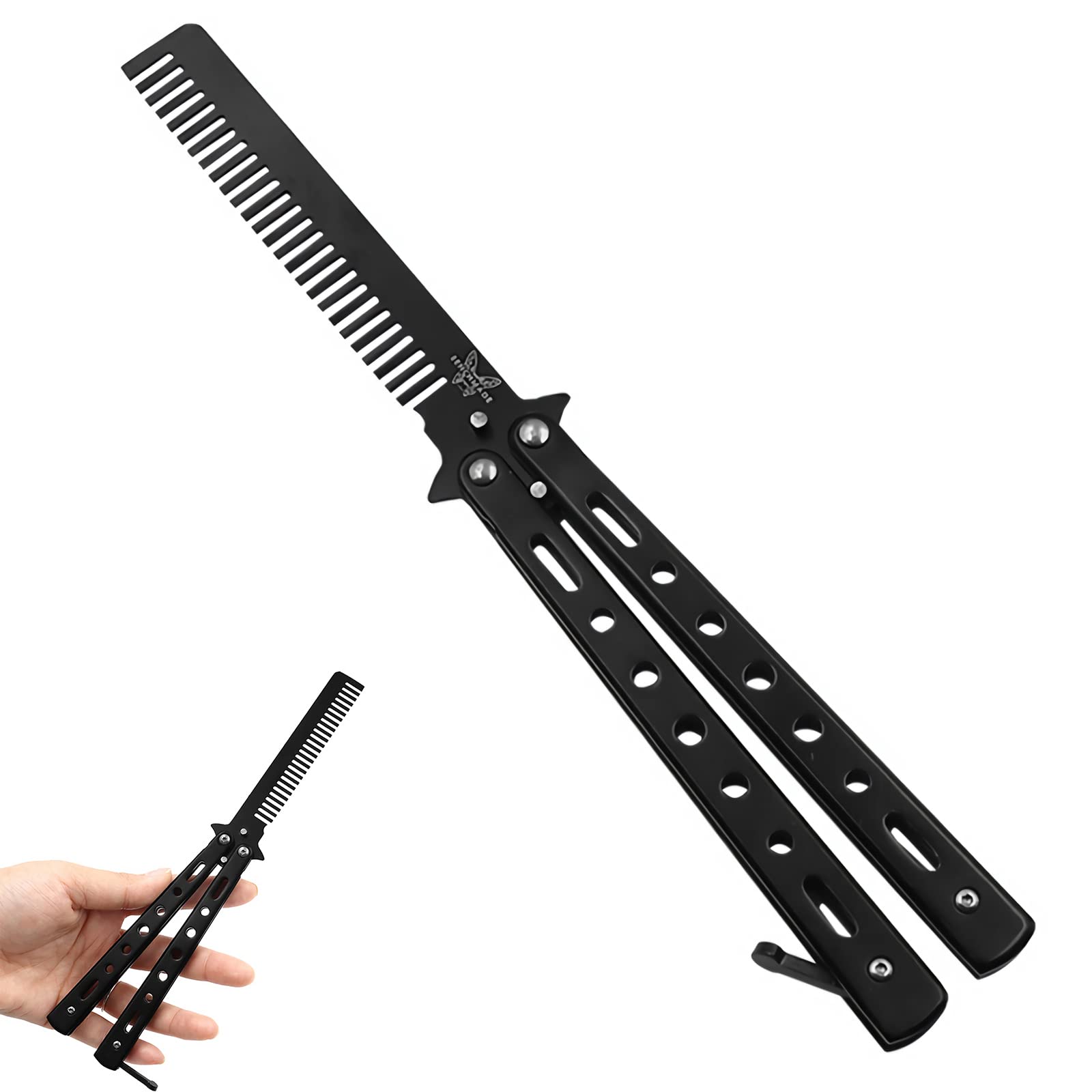 Butterfly YUTOU Stainless Steel Butterfly Comb - Foldable Pocket Comb for Hair and Moustache Styling - Barber Comb Hair Styling Accessories (Black)